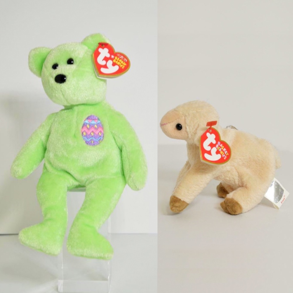 Easter TY Beanie Baby Eggs 2007 Green Teddy Bear & Ewey Lamb Basket Beanies NEW